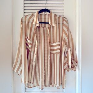 Tan and white sheer button down. Beautiful as a coverup for petite sizes